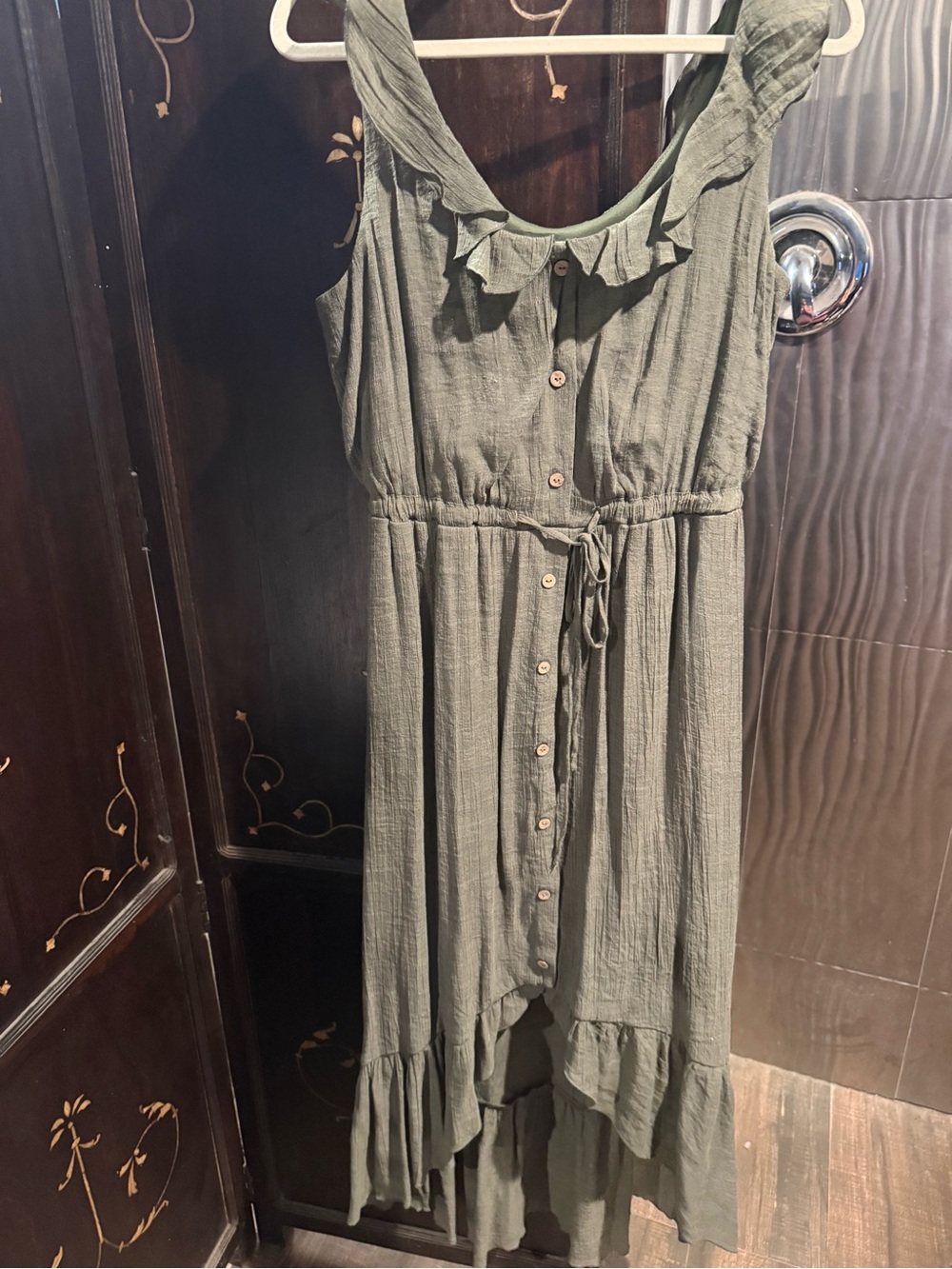 Women's Olive Green Ruffle Button-Front Dress